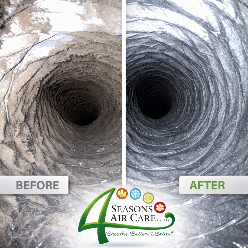 HVAC duct deep clean, Roswell GA — pollen, dust and pet dander removed at the source. Before and after HVAC duct deep cleaning in Roswell GA showing removal of dust, pollen and pet dander