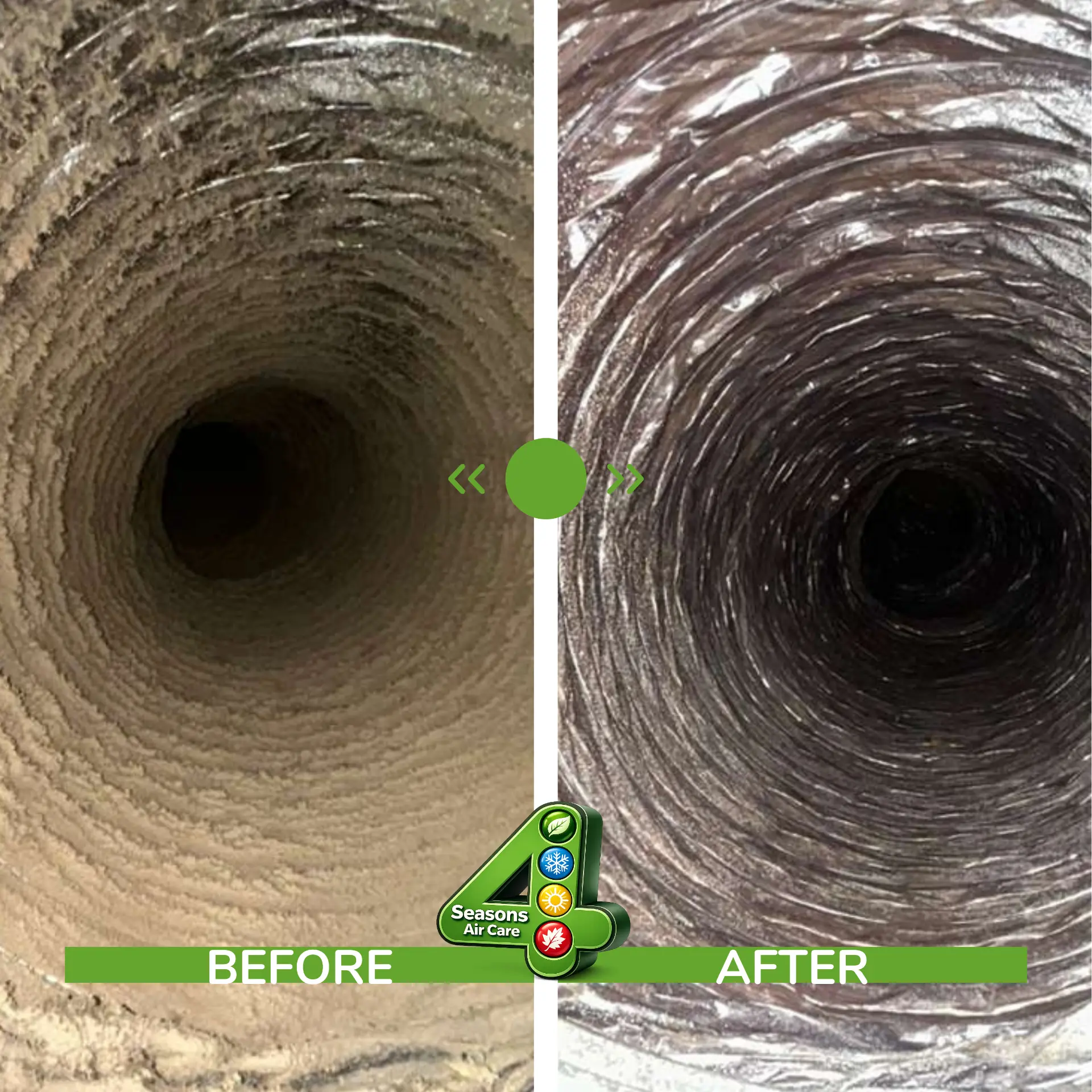 Air duct cleaning, Roswell GA — heavy dust and debris removed from a residential flex duct run. Before and after air duct cleaning in Roswell GA — dust-caked flex duct fully cleaned by Clean Duct Roswell